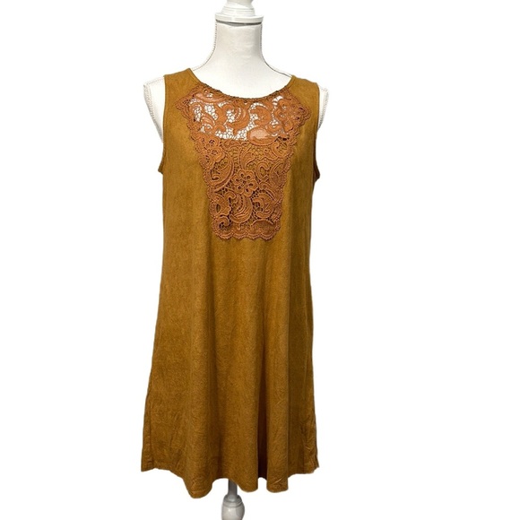 Xhileration Knee Length A-line Tank Dress Floral Lace Neckline Brown Suede - Picture 1 of 6